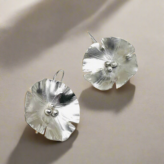 Large Silver Poppy Earrings - Nature Inspired Silver Jewelry