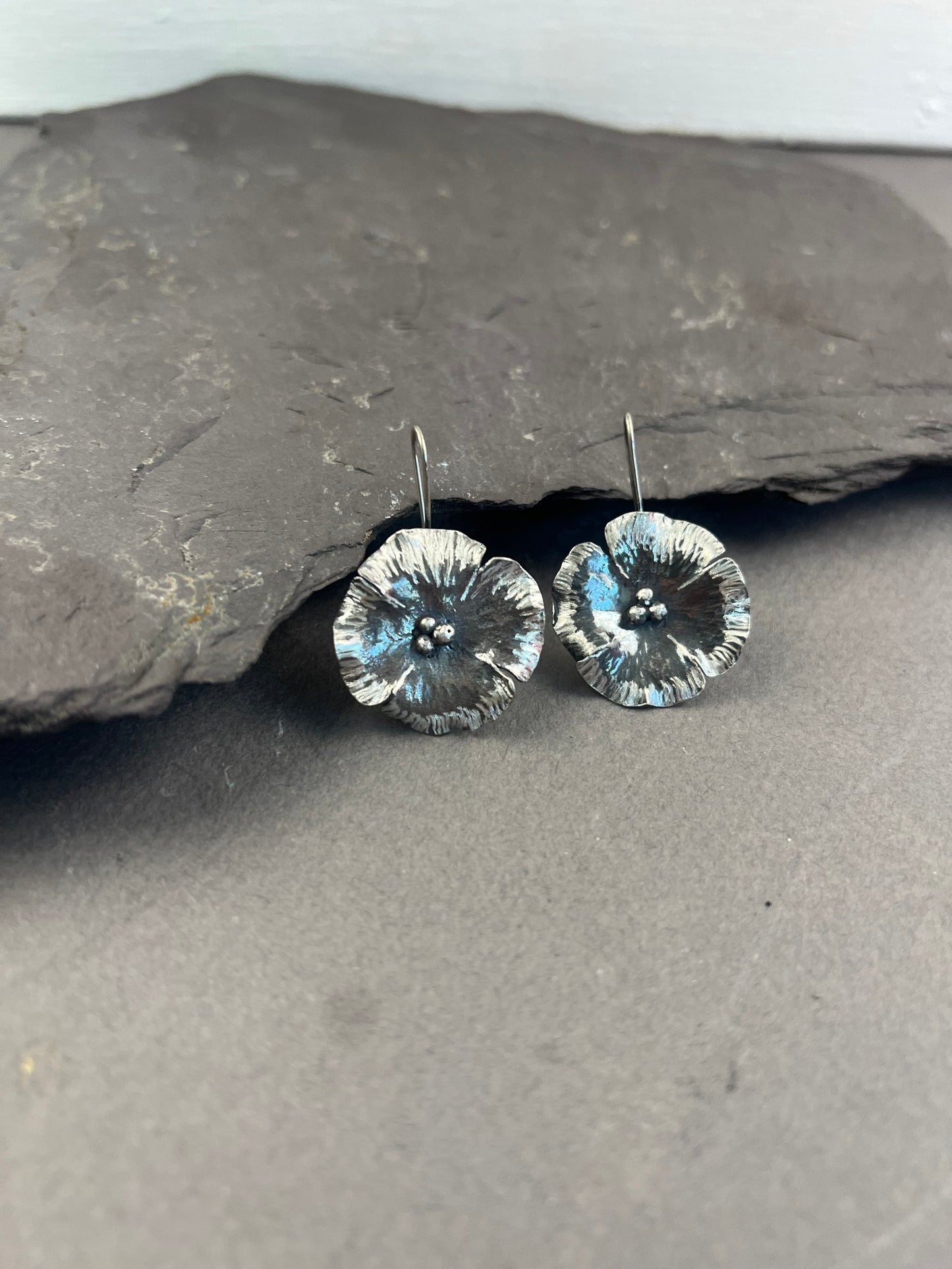 Large Silver Poppy Earrings - Nature Inspired Silver Jewelry