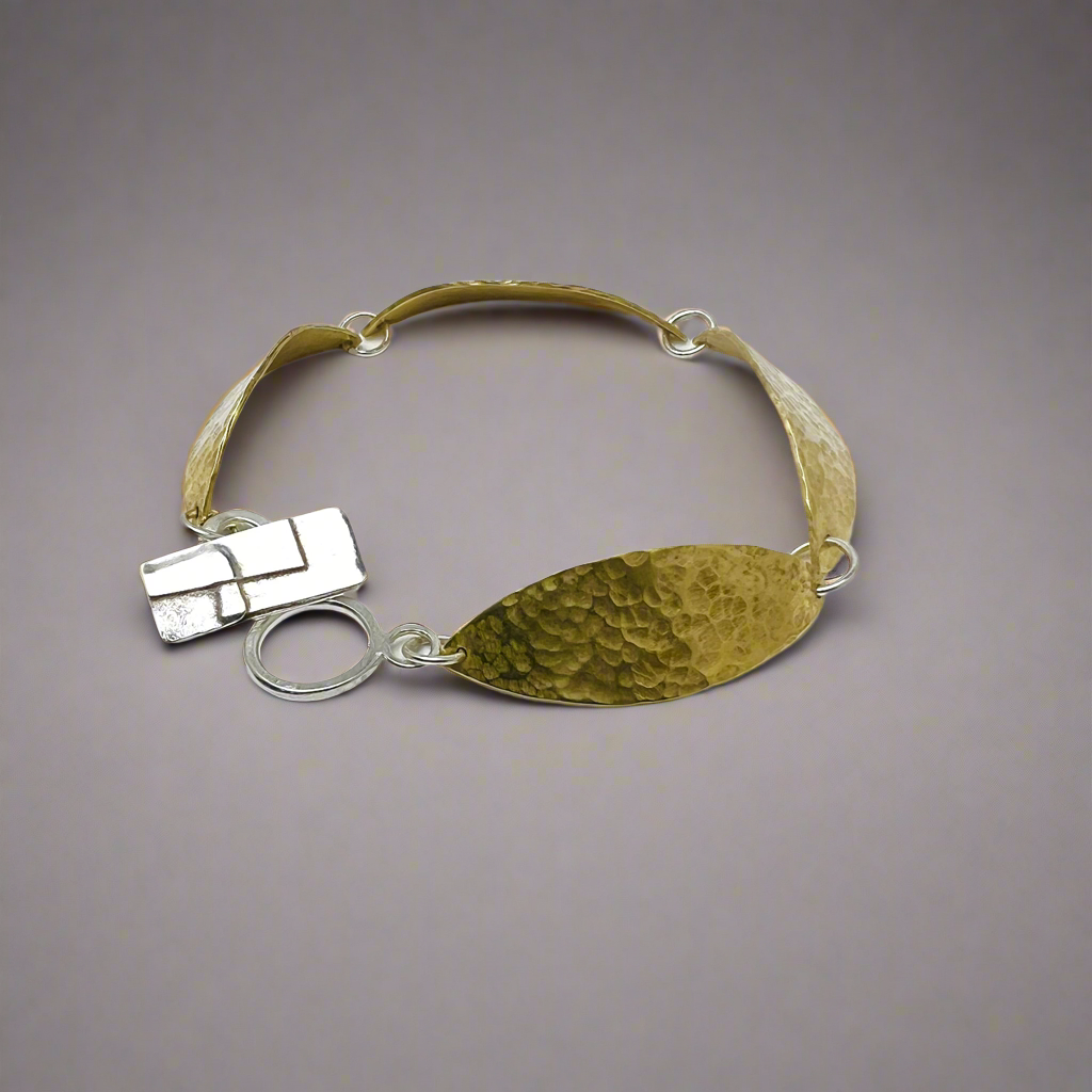 Brass Willow Leaf Bracelet with Silver Toggle Clasp