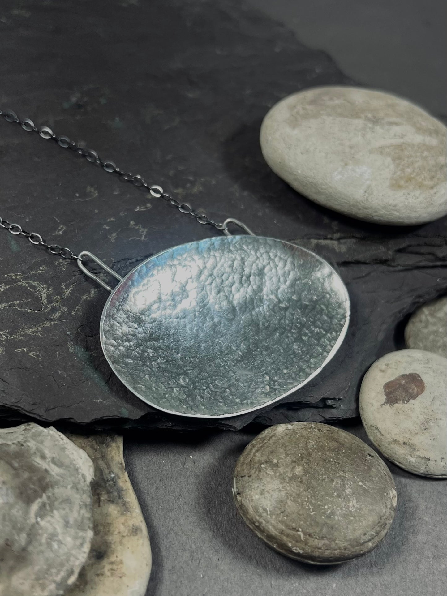 Long Hammered Silver Pebble Necklace with Oxidized Chain