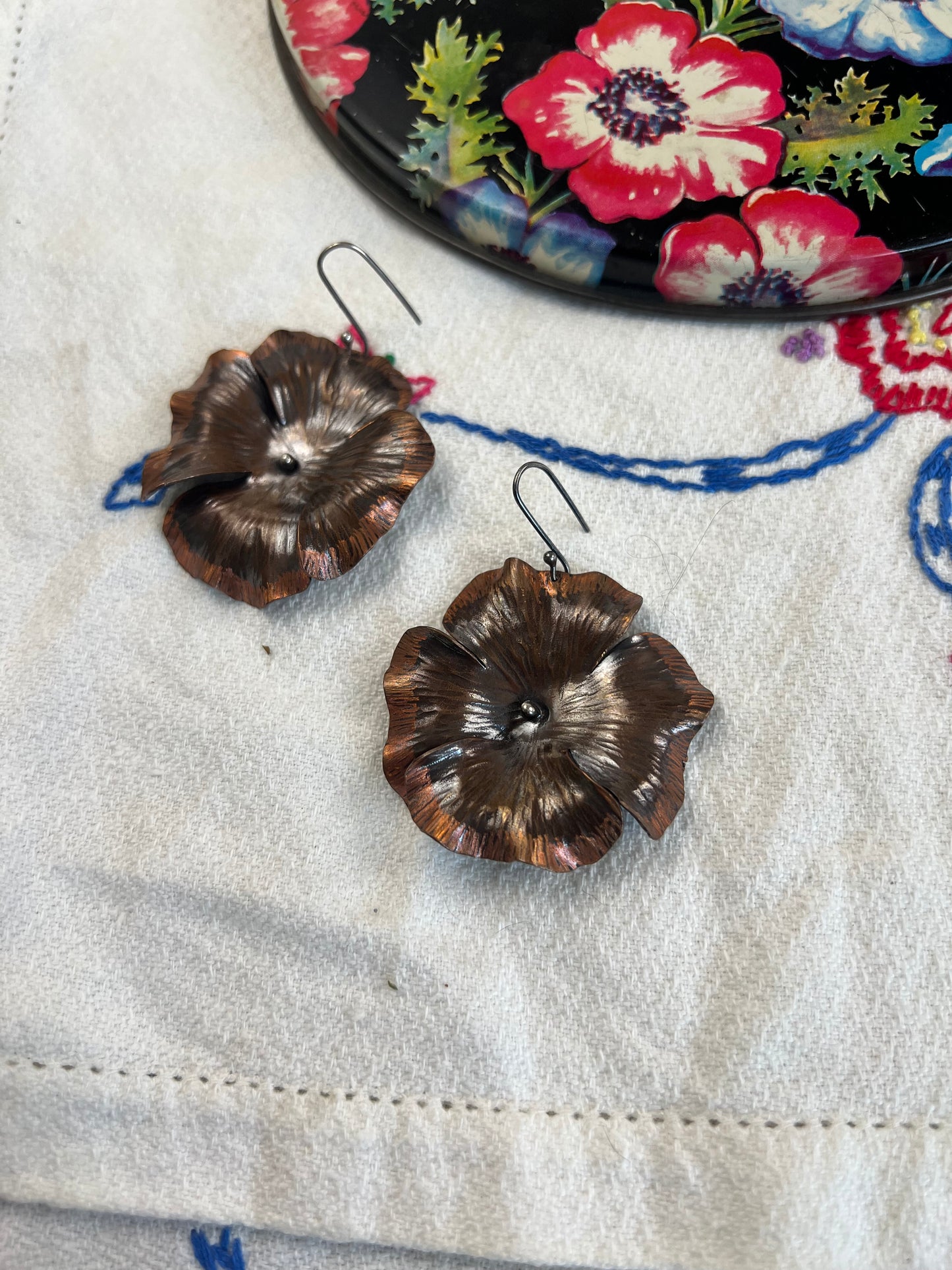 Poppy flower copper earring large