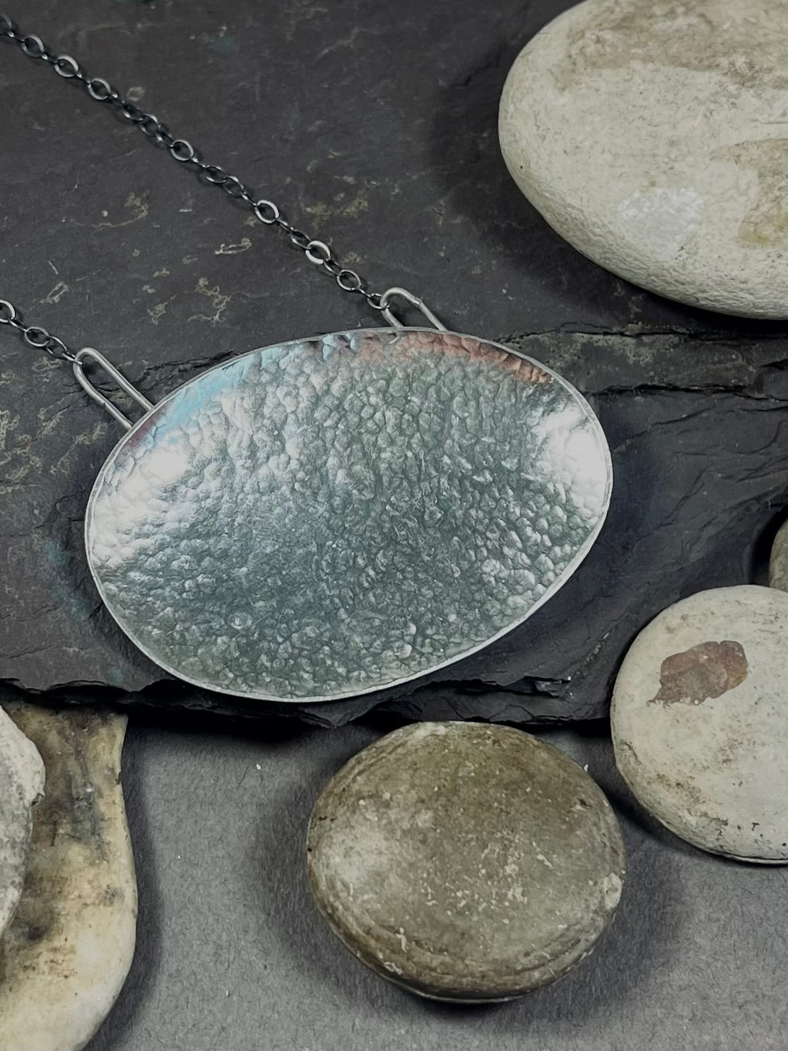 Long Hammered Silver Pebble Necklace with Oxidized Chain