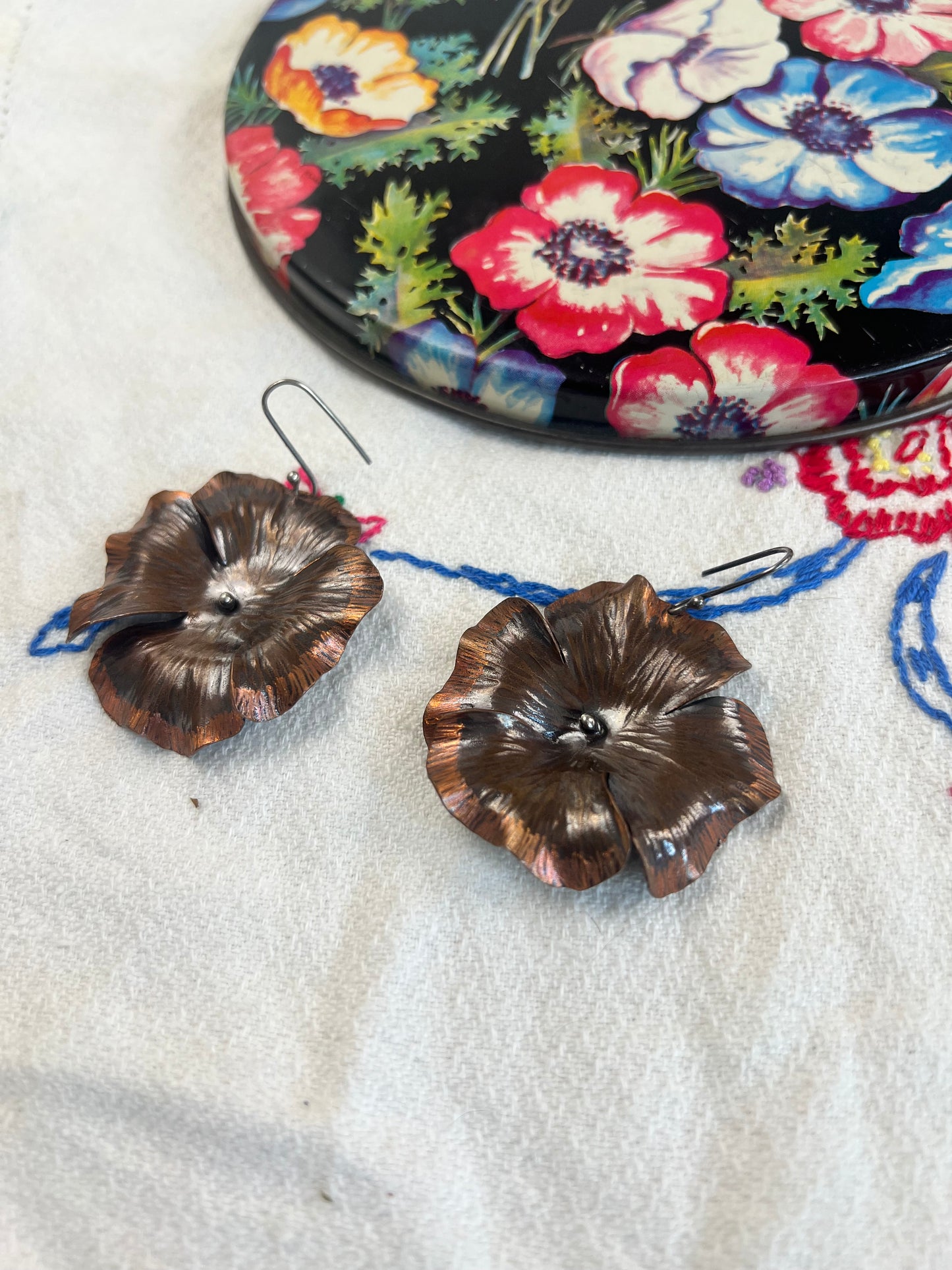 Poppy flower copper earring large