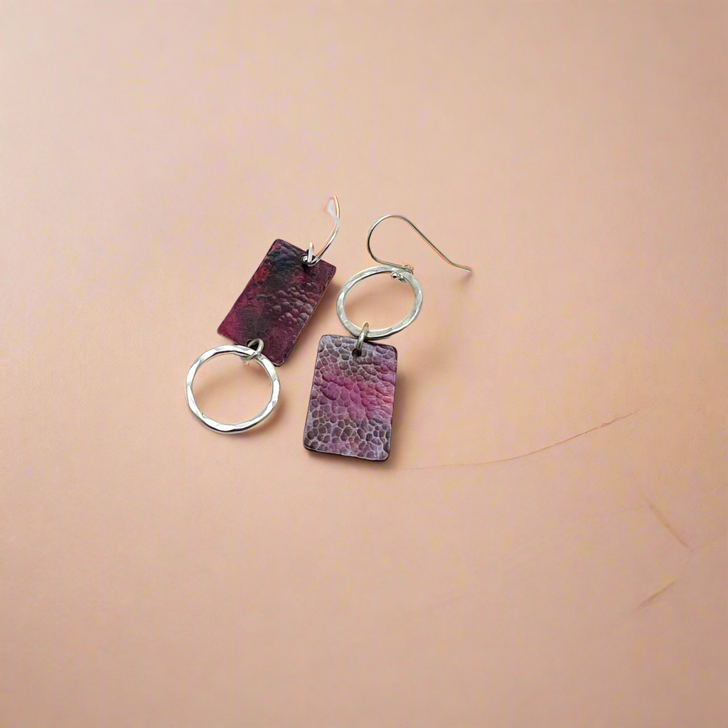 Handmade Asymmetrical Circle and Rectangle Copper and Silver Earrings
