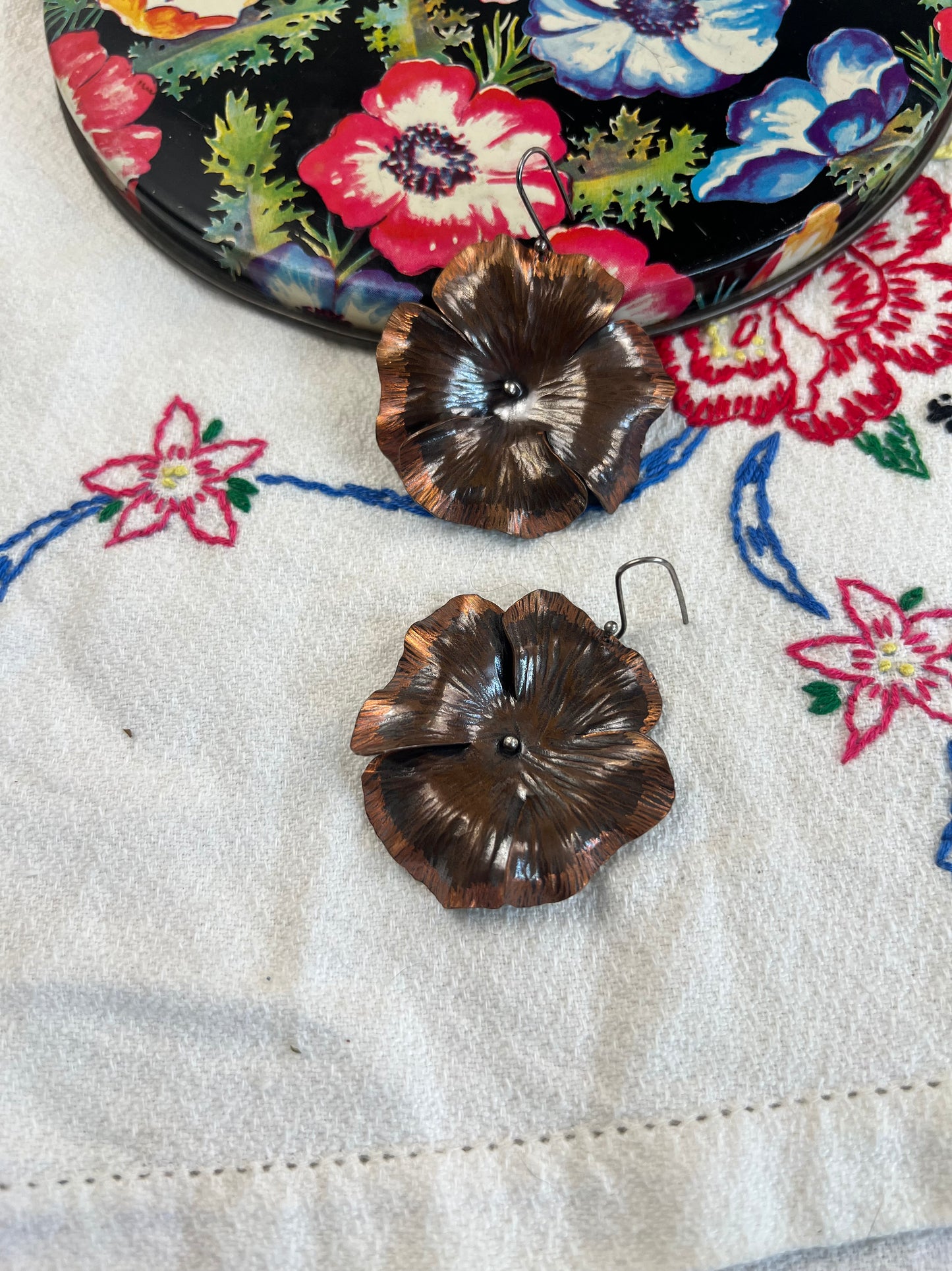 Poppy flower copper earring large