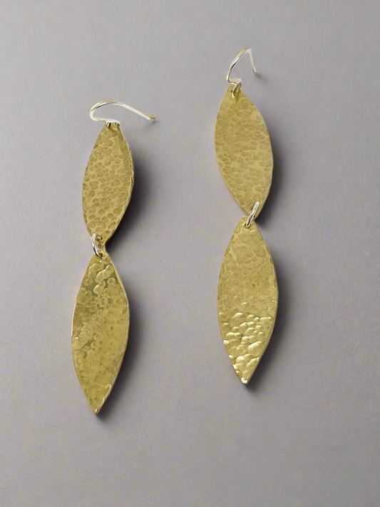 Double Brass Hammered Willow Leaf Earrings