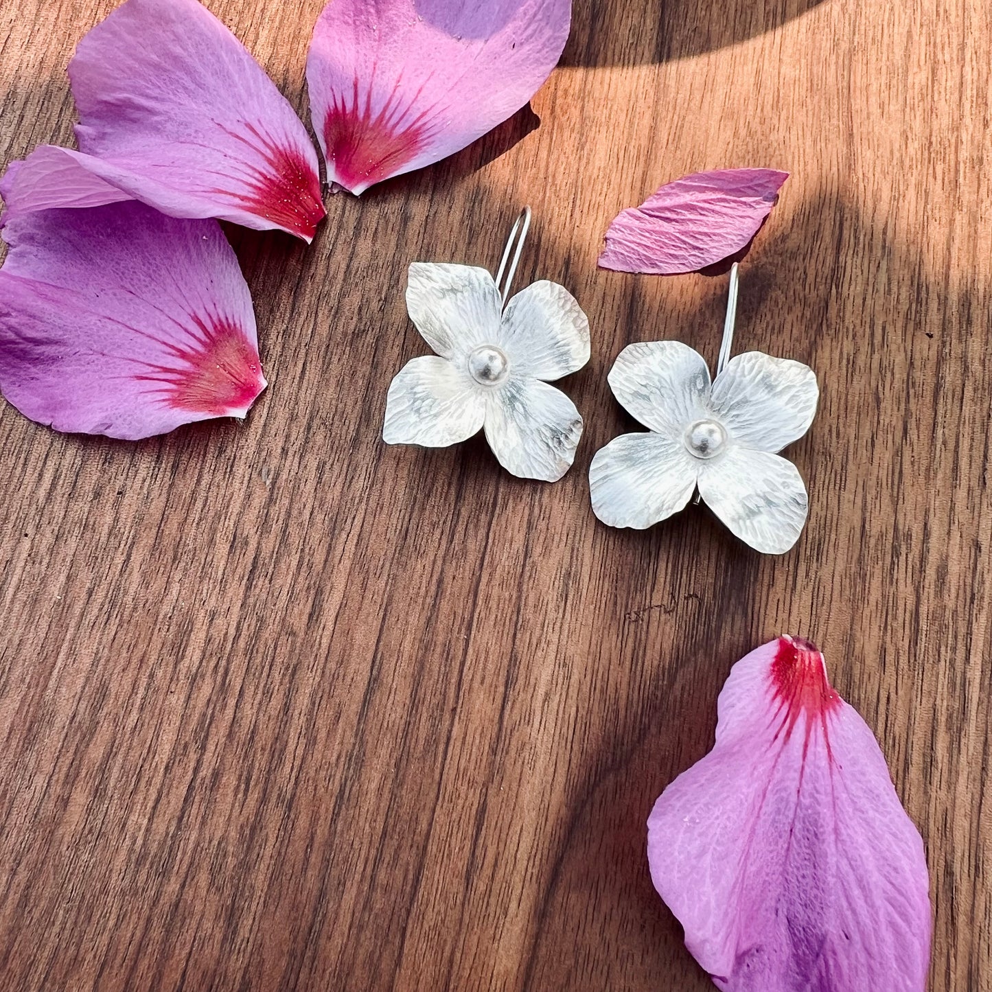 Handmade Silver Flower Earrings - Dogwood Flower Jewelry Small