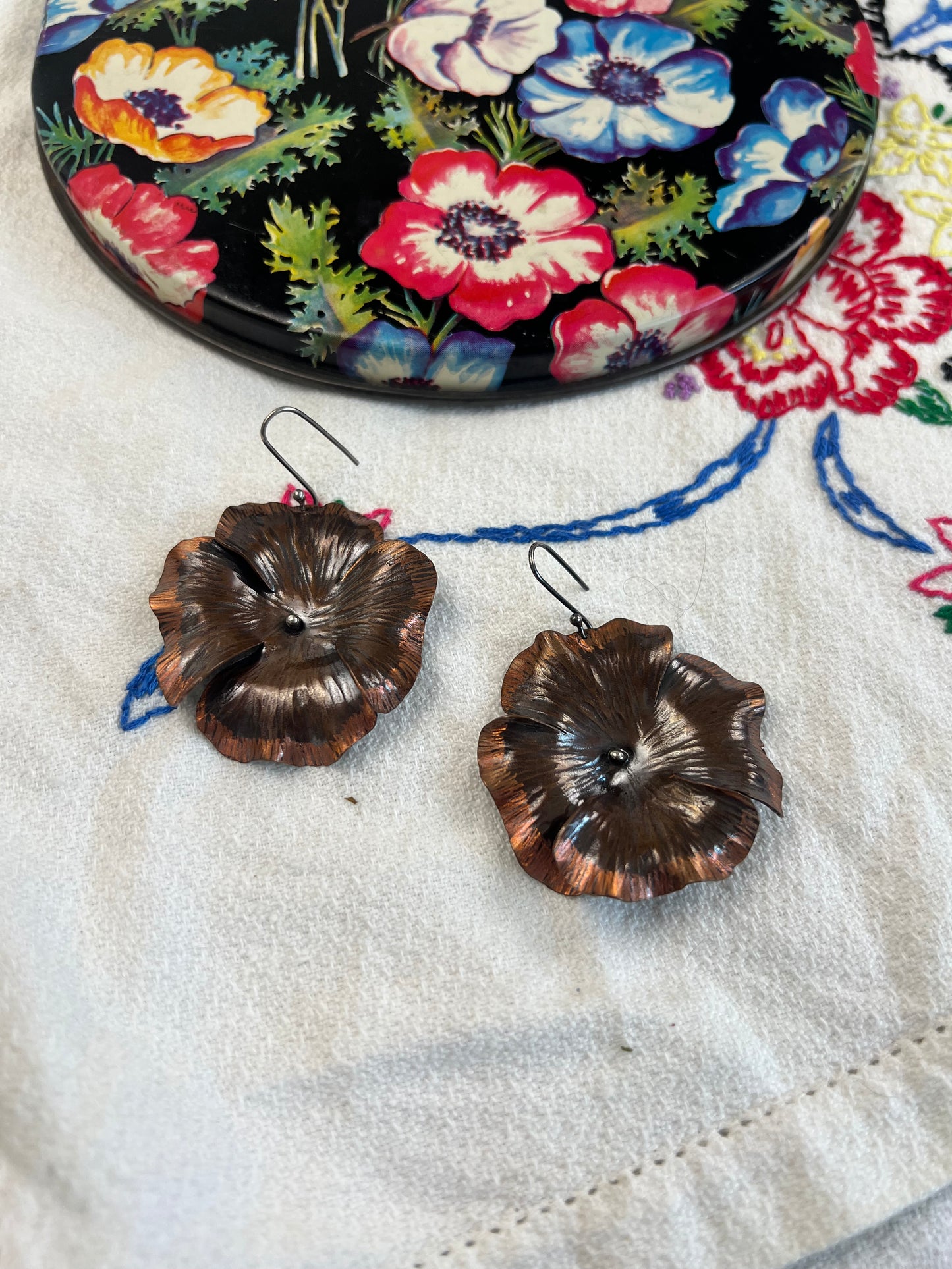 Poppy flower copper earring large
