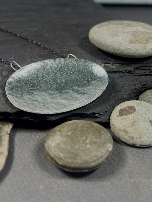 Long Hammered Silver Pebble Necklace with Oxidized Chain