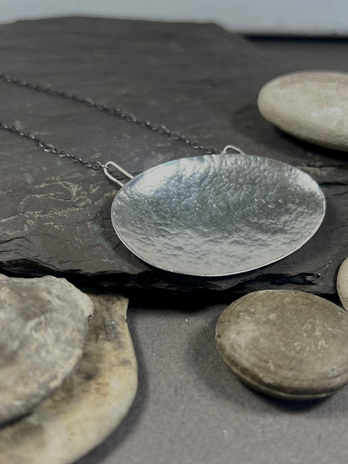Long Hammered Silver Pebble Necklace with Oxidized Chain