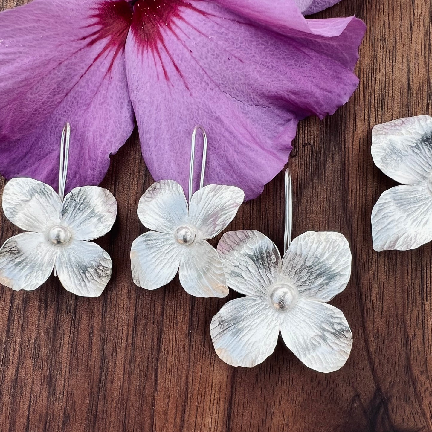 Handmade Silver Flower Earrings - Dogwood Flower Jewelry Small
