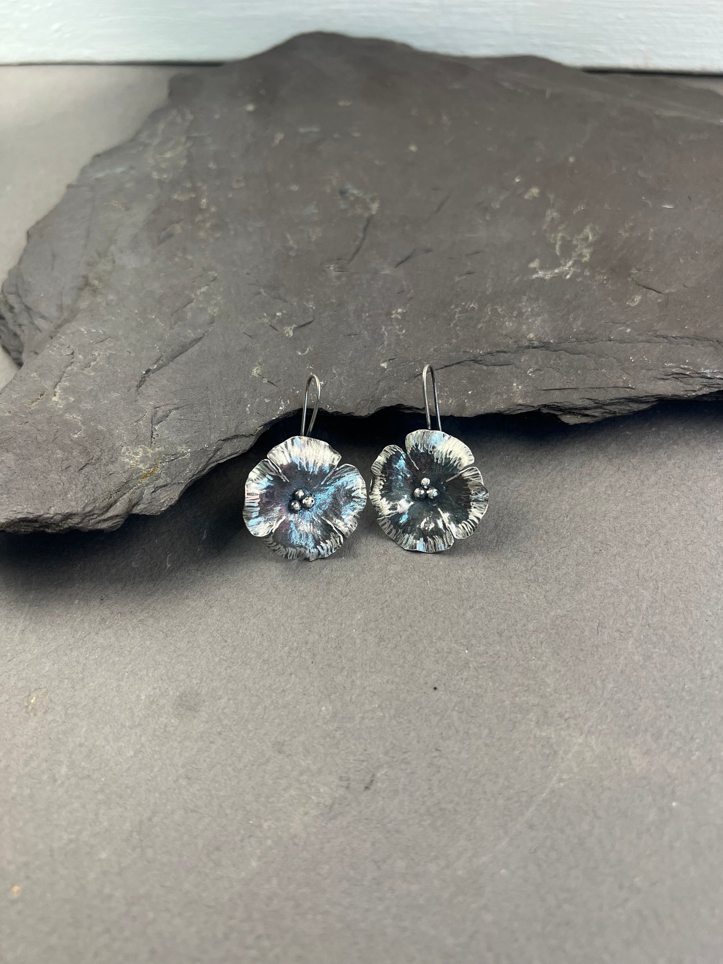 Large Silver Poppy Earrings - Nature Inspired Silver Jewelry