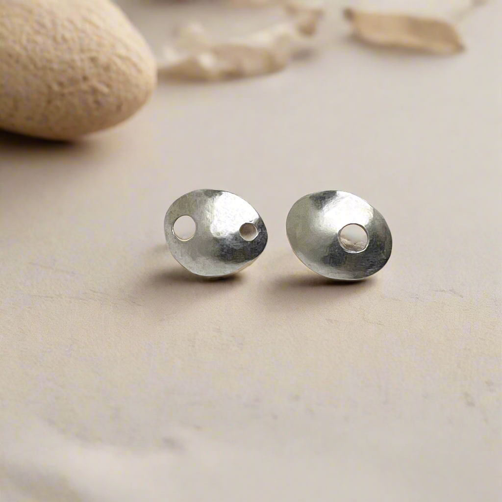 Asymmetrical Silver Pebble Post Earrings