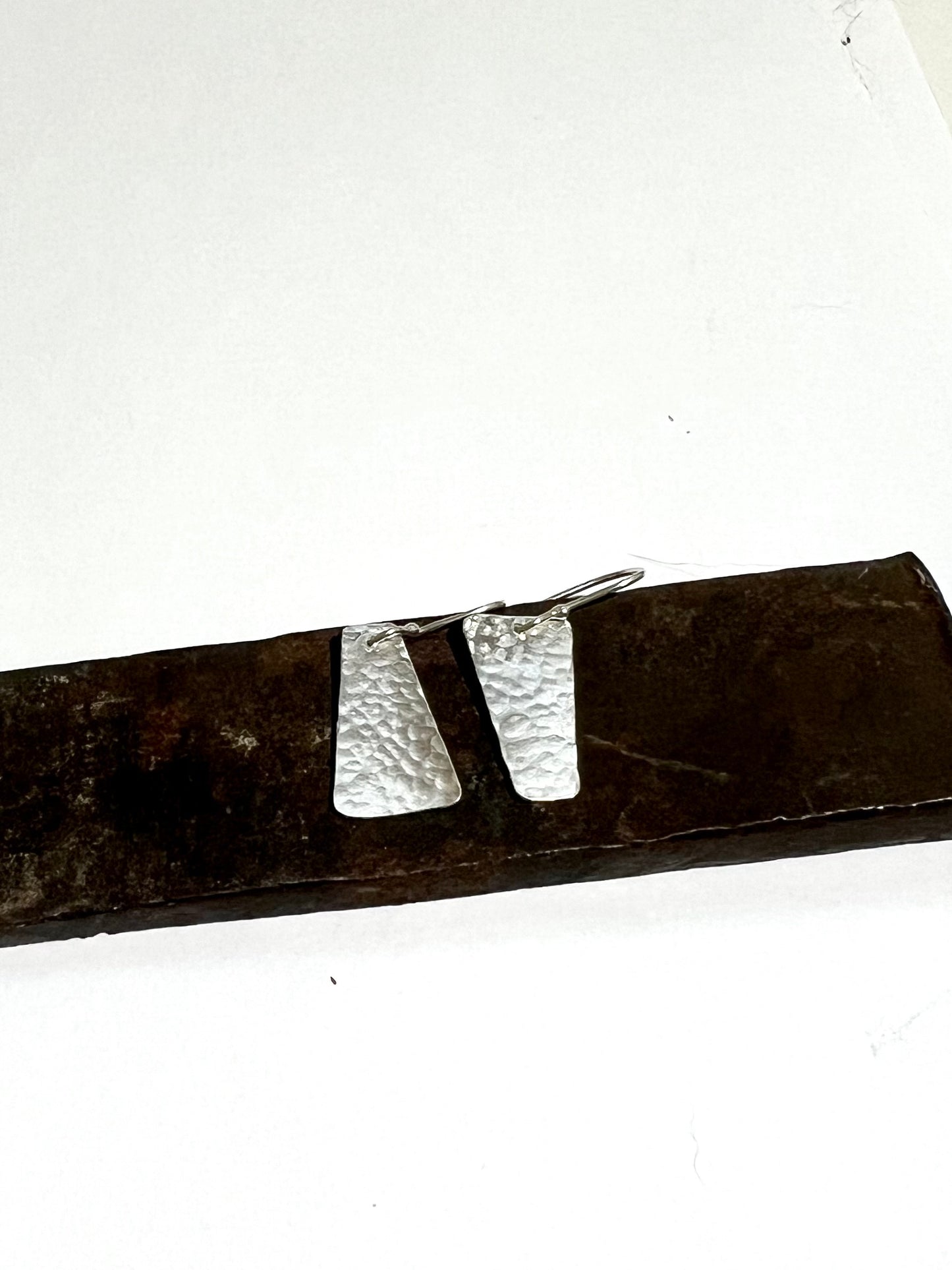 Pair of silver earrings on a brown jewelry box with a white background
