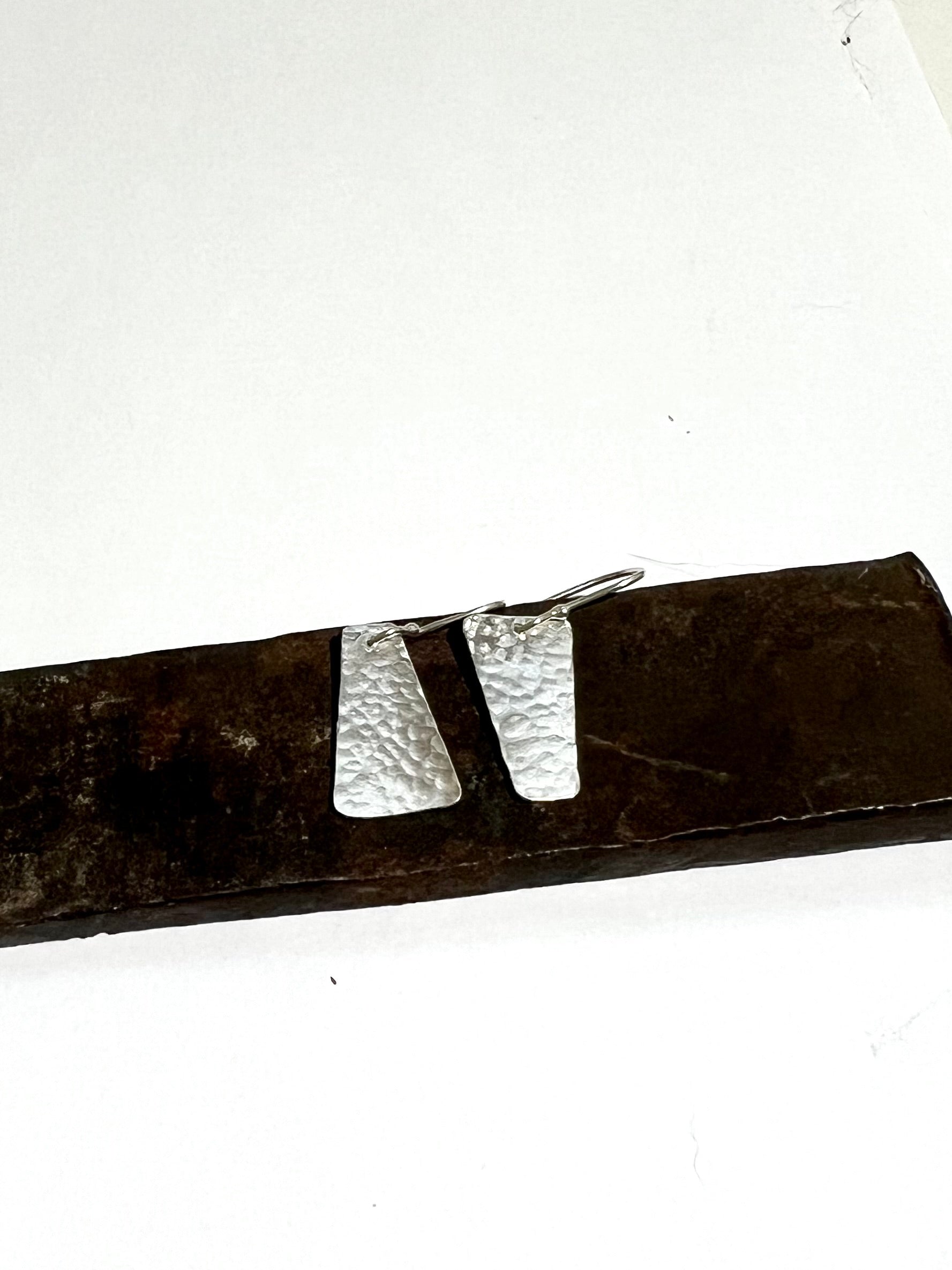 Pair of silver earrings on a brown jewelry box with a white background