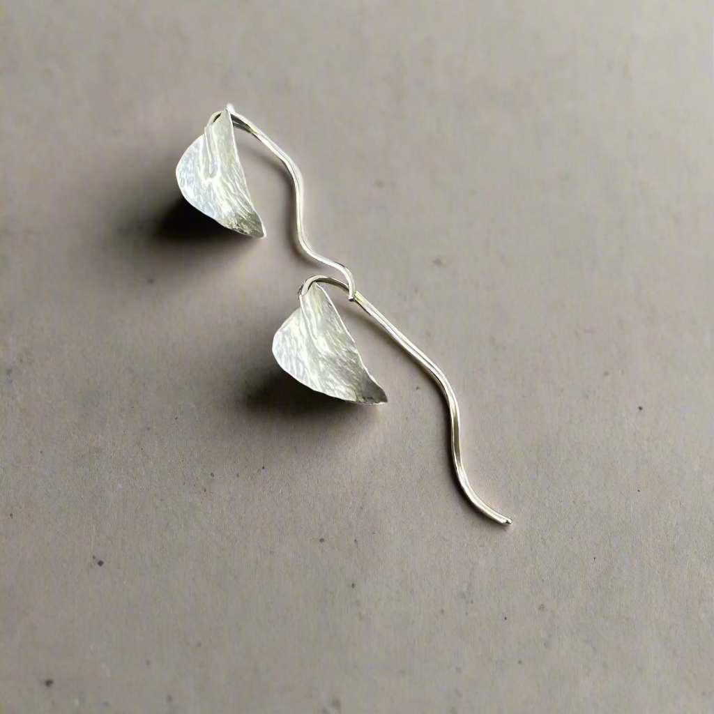 Silver Leaf Earrings with long twisted stem