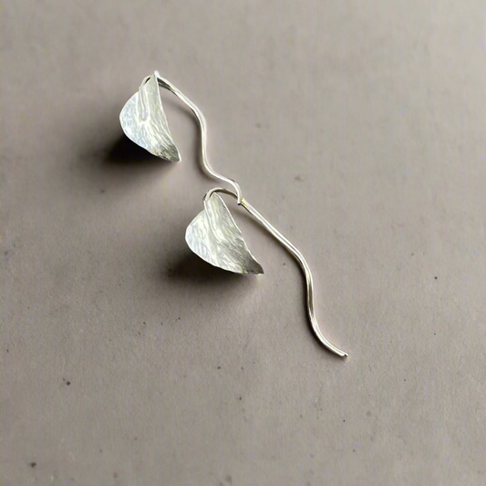 Silver Leaf Earrings with long twisted stem